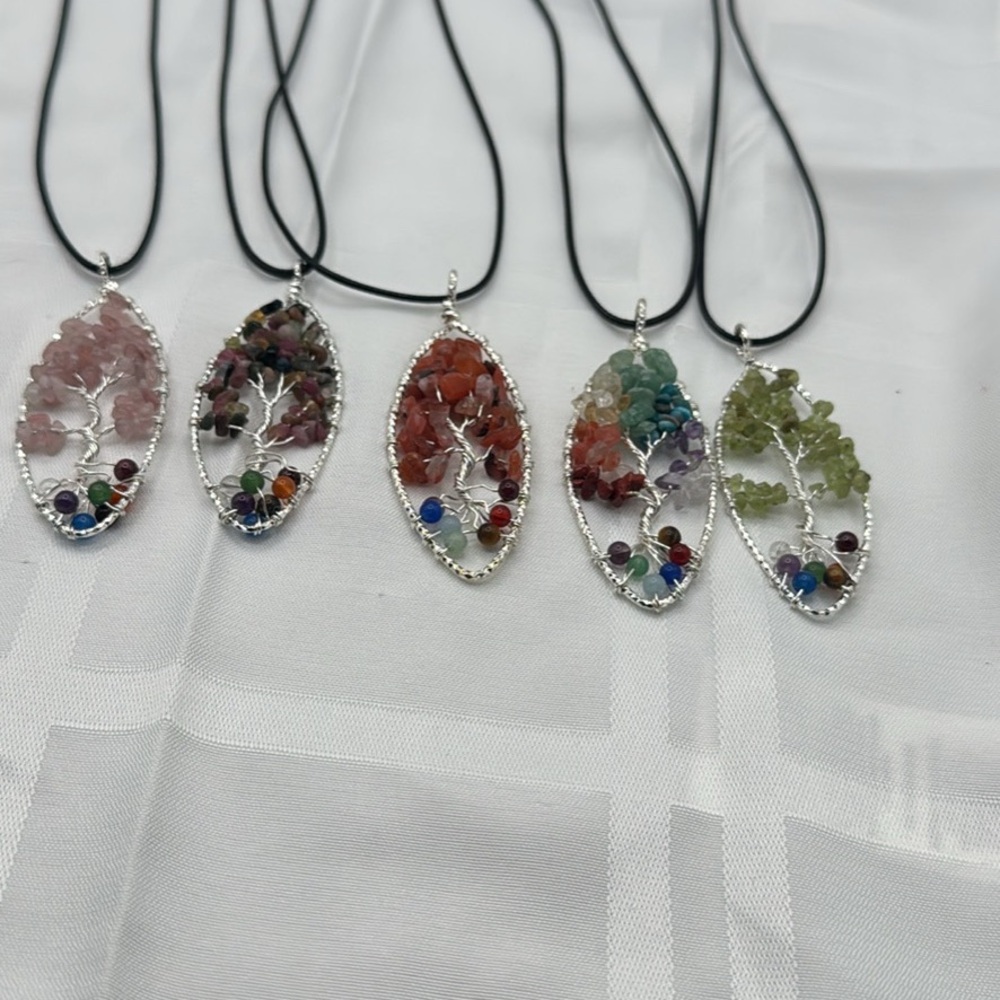 Tree Of Life Chakra (Multi Stone) Silver Finish Wire-Wrapped Pendant CHOOSE 1